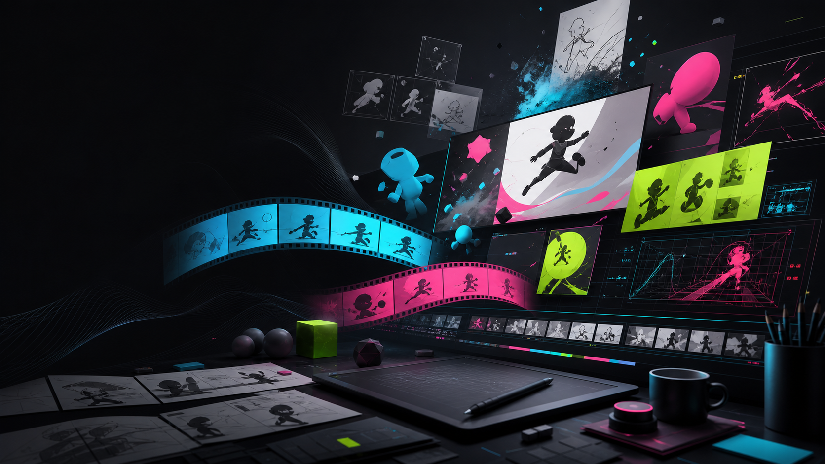 Abstract motion design studio with animation frames and timeline panels