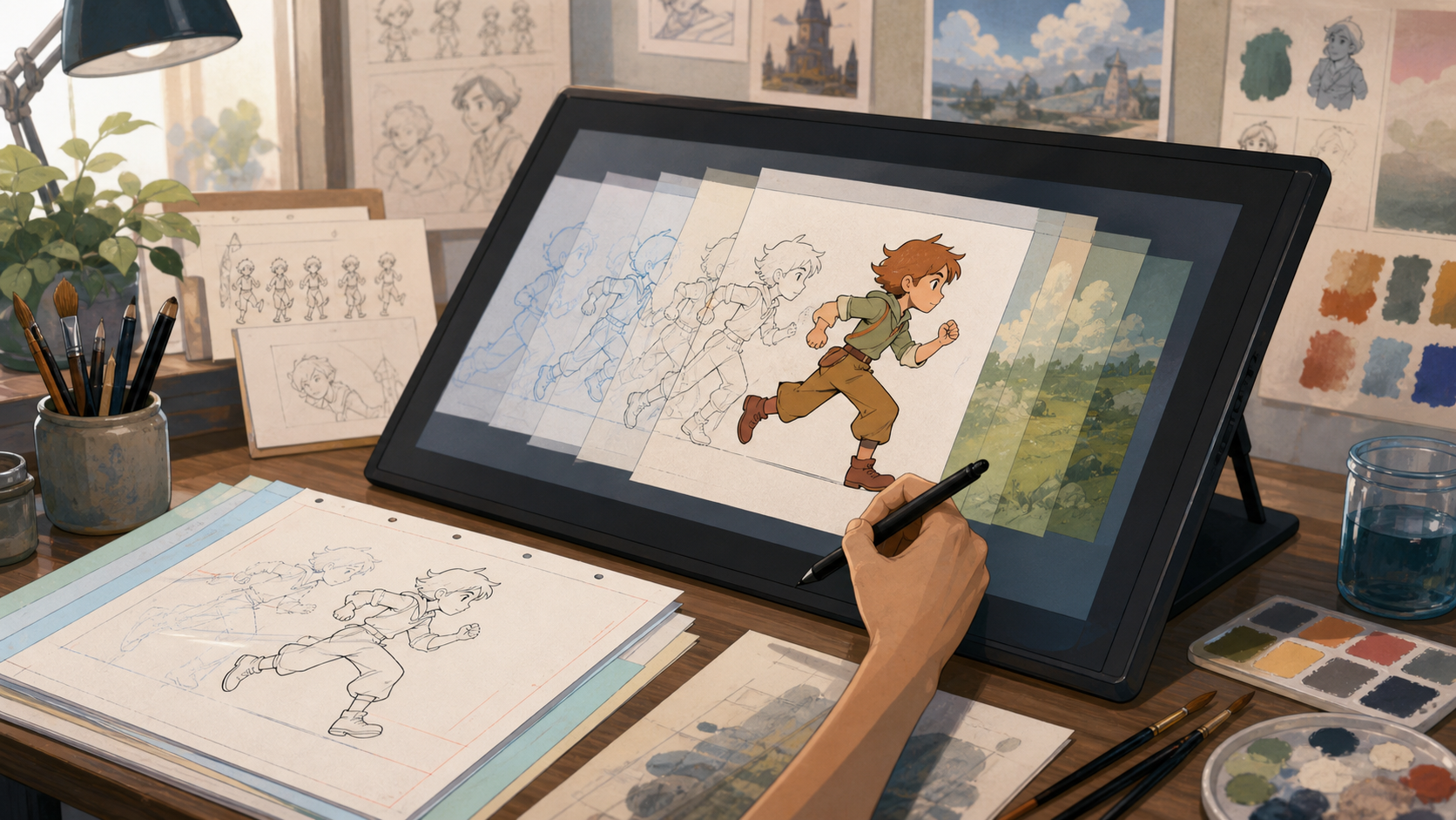 Hand drawn 2D animation cleanup and coloring workflow on a drawing tablet
