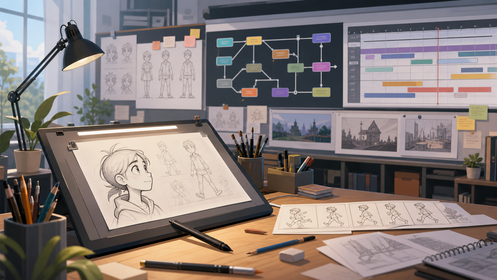2D animator planning drawings and timing in a professional animation timeline
