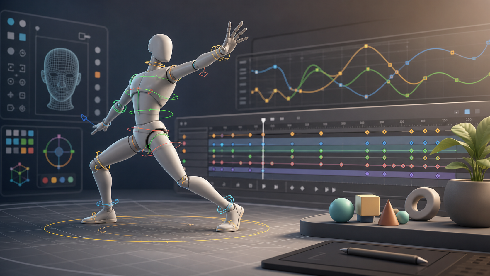 Blender-style 3D character rig and animation timeline for a production pipeline guide
