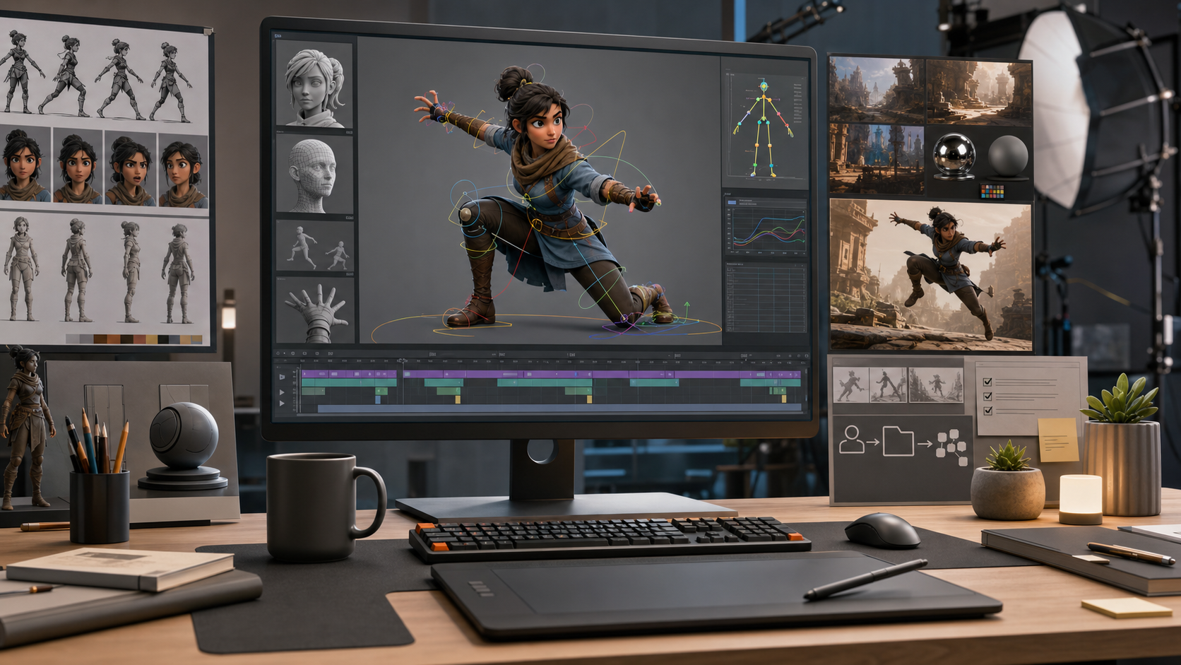 Maya-style 3D animation scene with lighting and render workflow panels