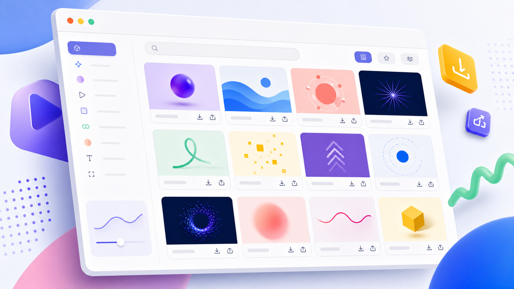 Motion design asset library with searchable animation previews