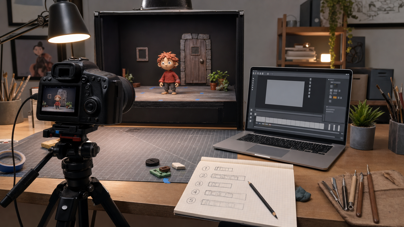 Stop motion capture desk with a camera, laptop, puppet stage, and controlled lighting