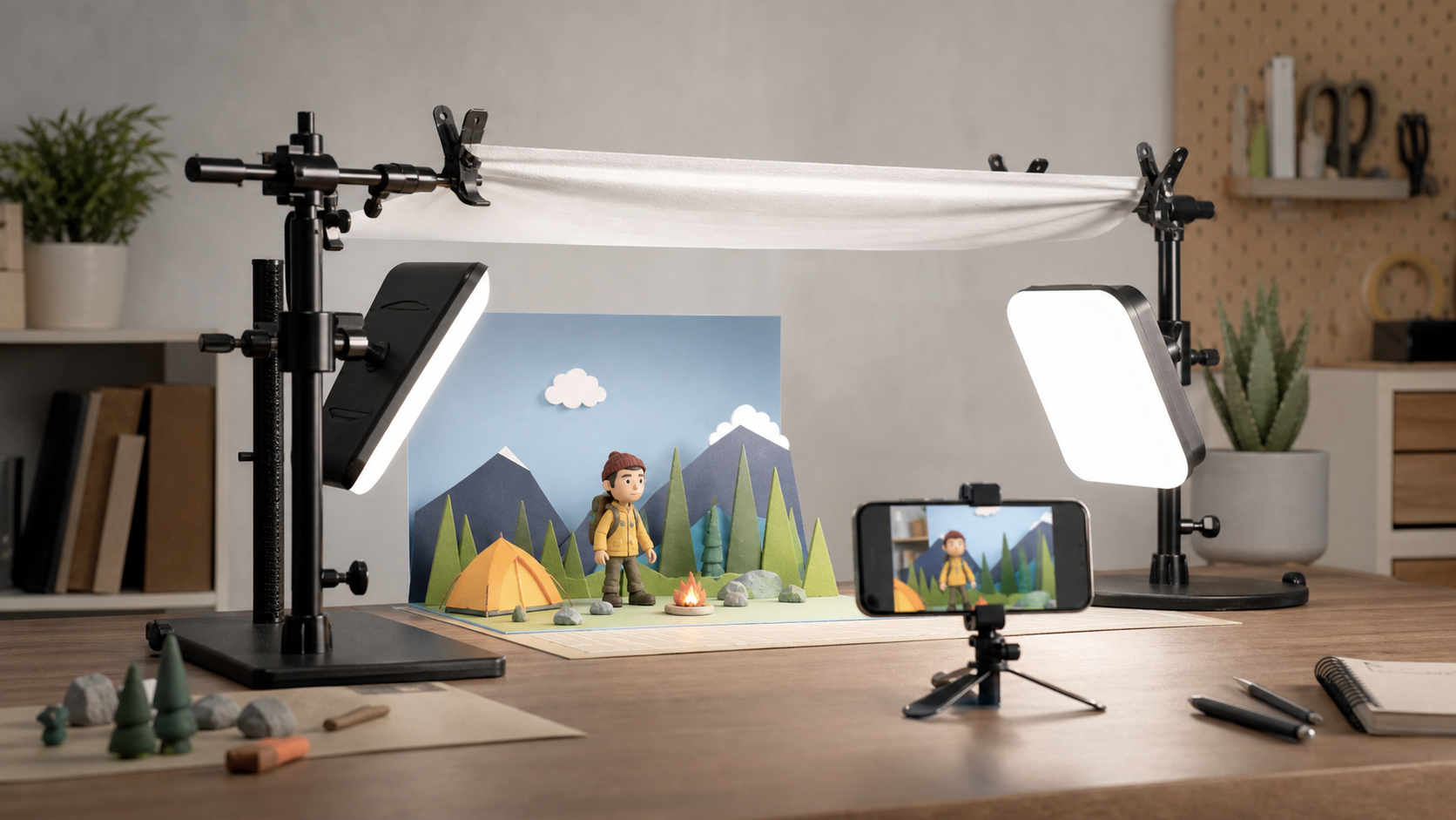 Beginner stop motion lighting rig with mobile capture device and tabletop scene