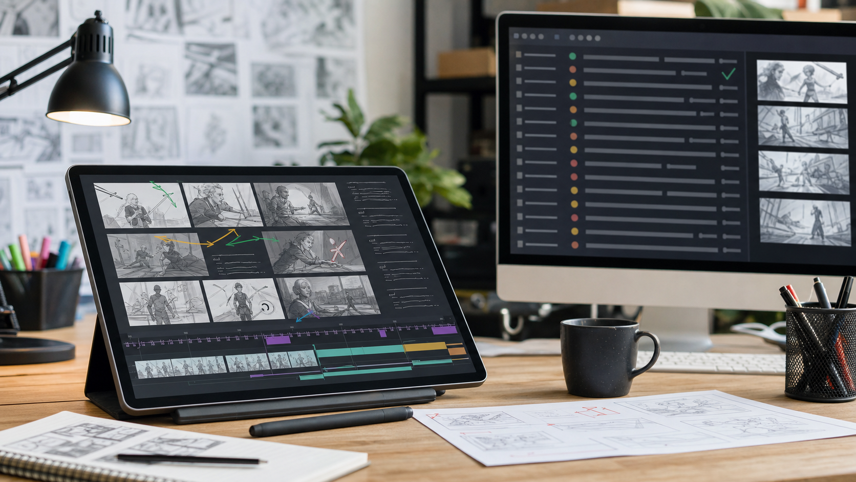 Animation storyboarding workspace with animatic timeline and review notes